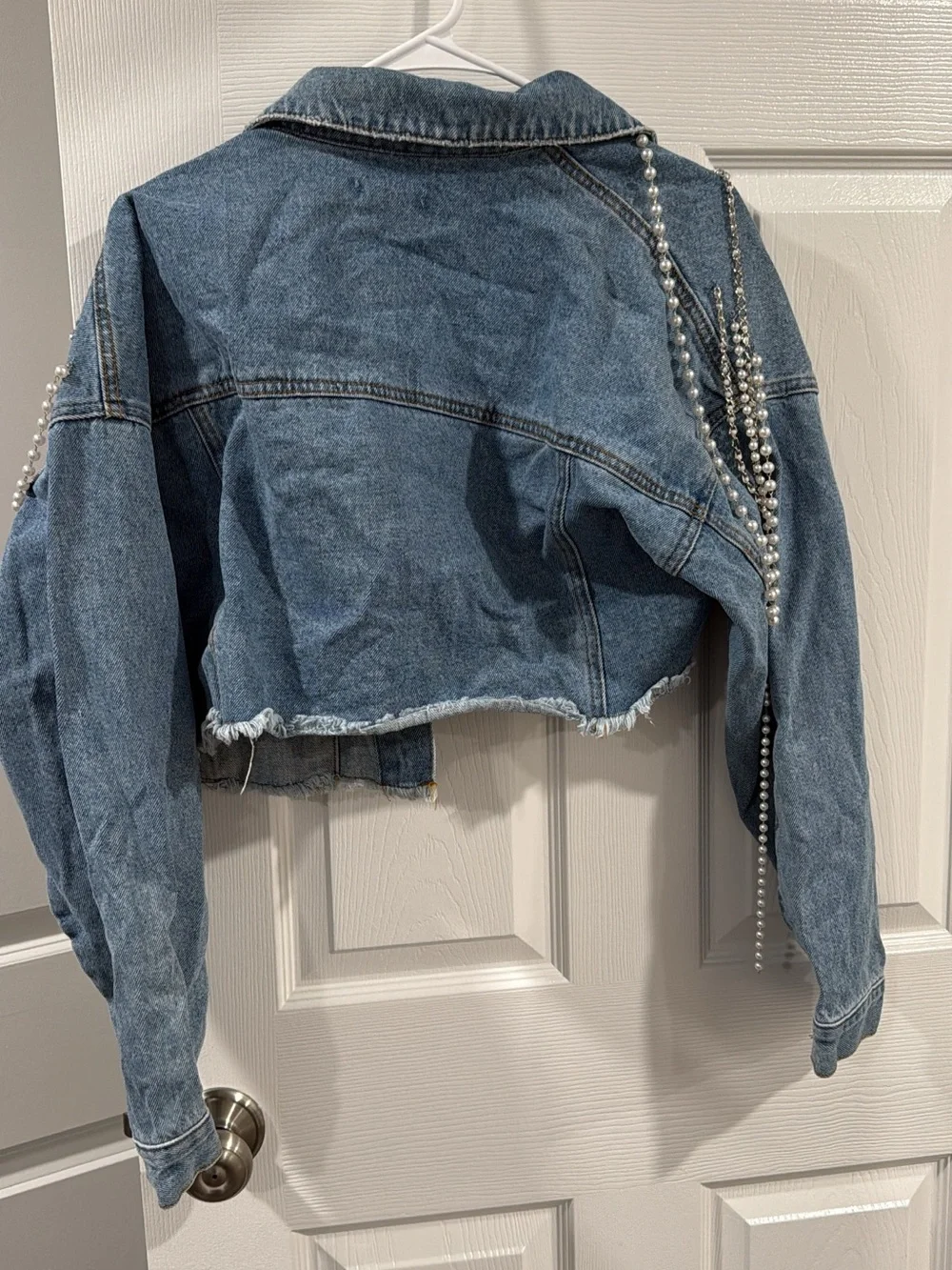 Forever 21 Cropped Blue Distressed Denim Jacket with Pearl Chains